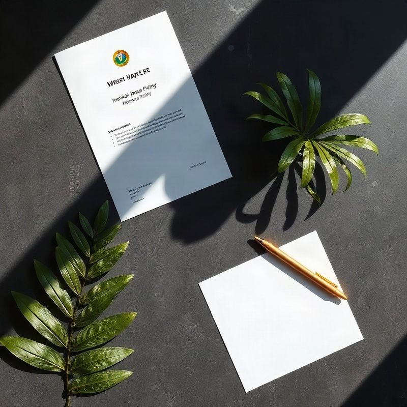 Documentos de apólice de seguro sobre mesa em tons carvão e detalhe dourado